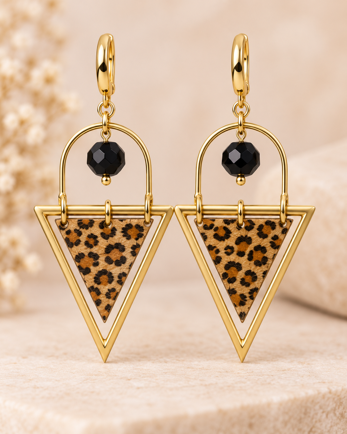 Leopard print triangle earrings by Legocita Makes